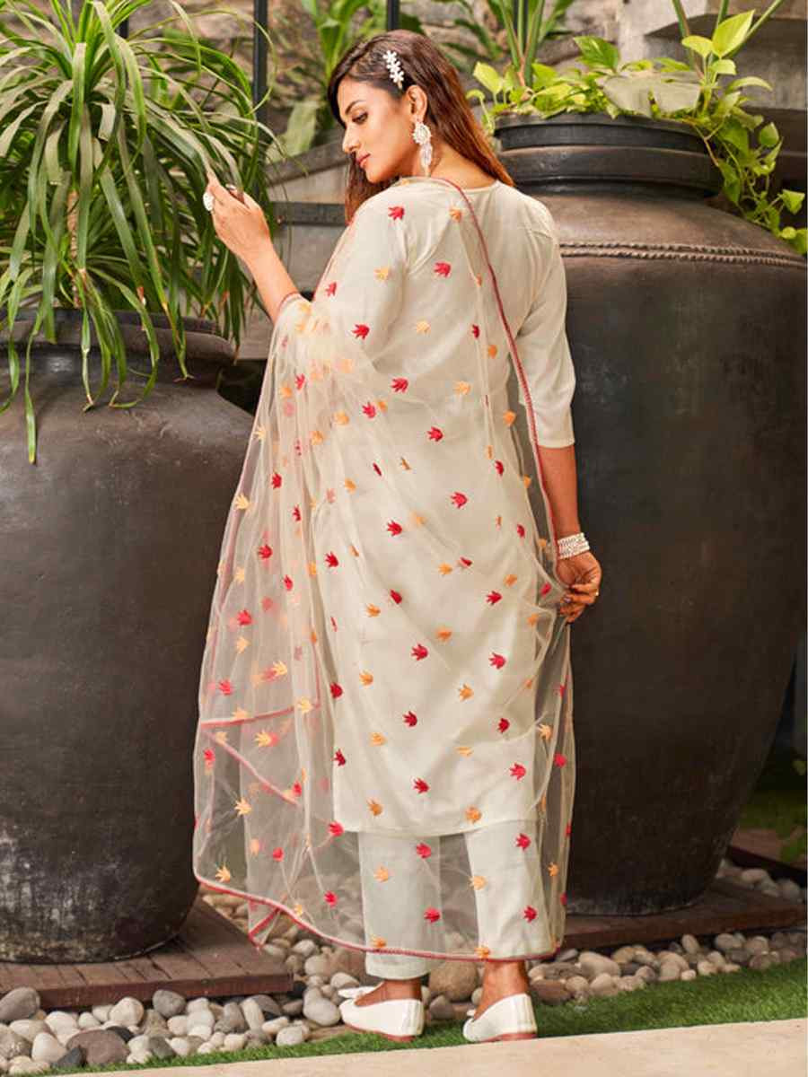 White Viscose Chanderi Embroidered Party Wedding Ready Pant Salwar Kameez