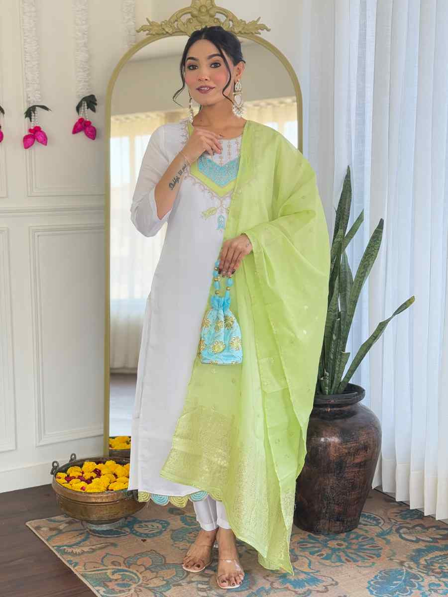 White Viscose Chanderi Embroidery Party Wedding Festival Casual Ready Pant Salwar Kameez