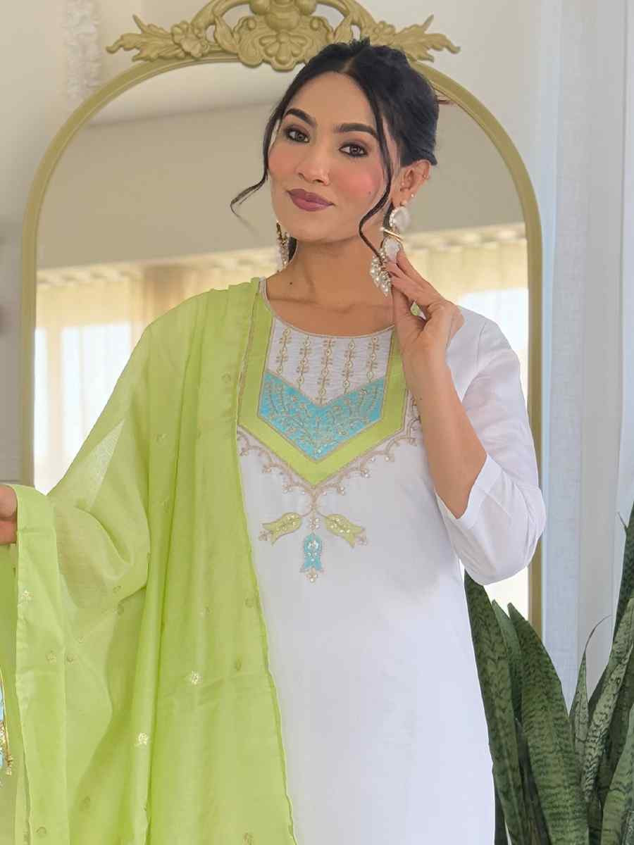 White Viscose Chanderi Embroidery Party Wedding Festival Casual Ready Pant Salwar Kameez