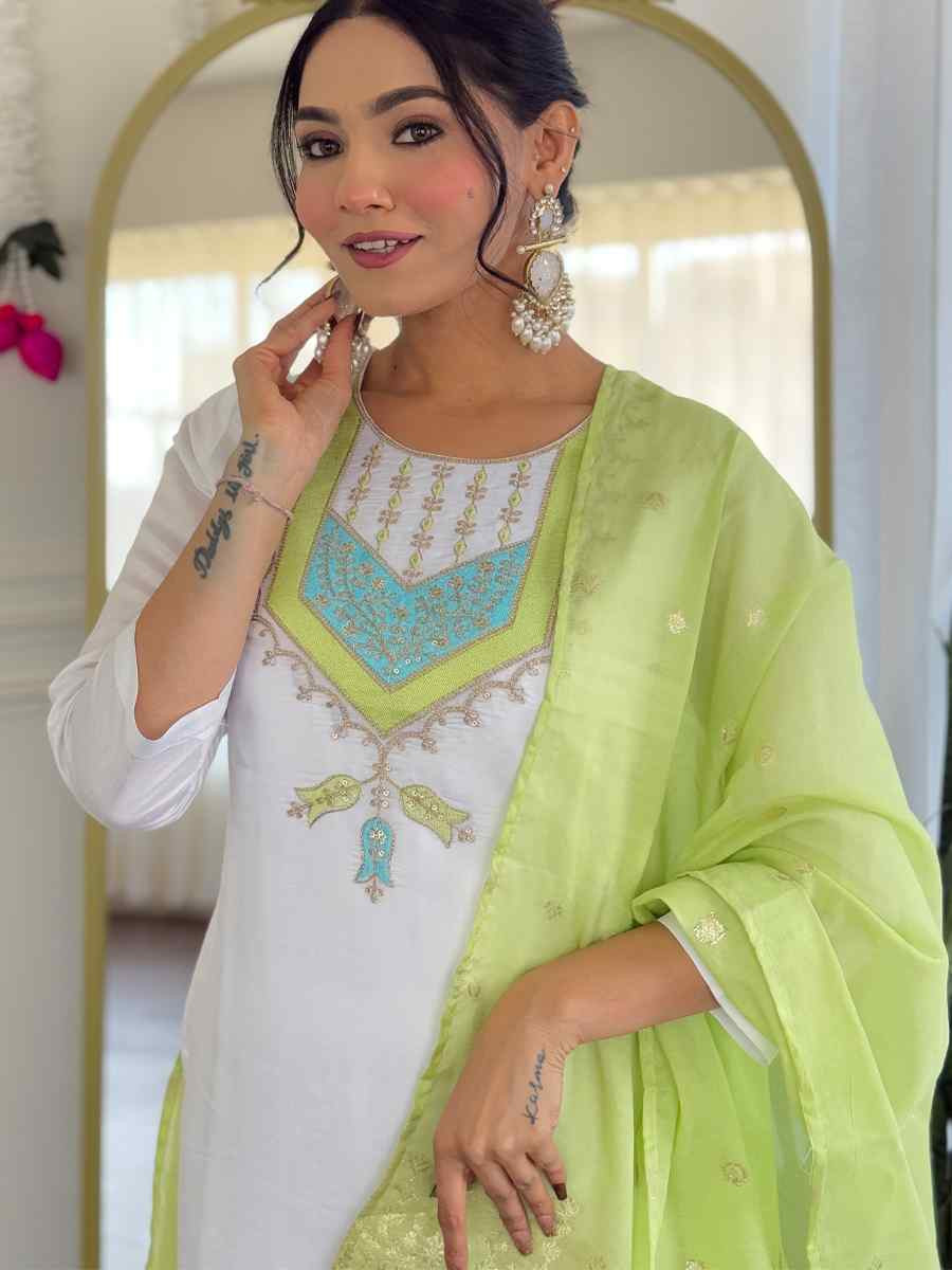 White Viscose Chanderi Embroidery Party Wedding Festival Casual Ready Pant Salwar Kameez