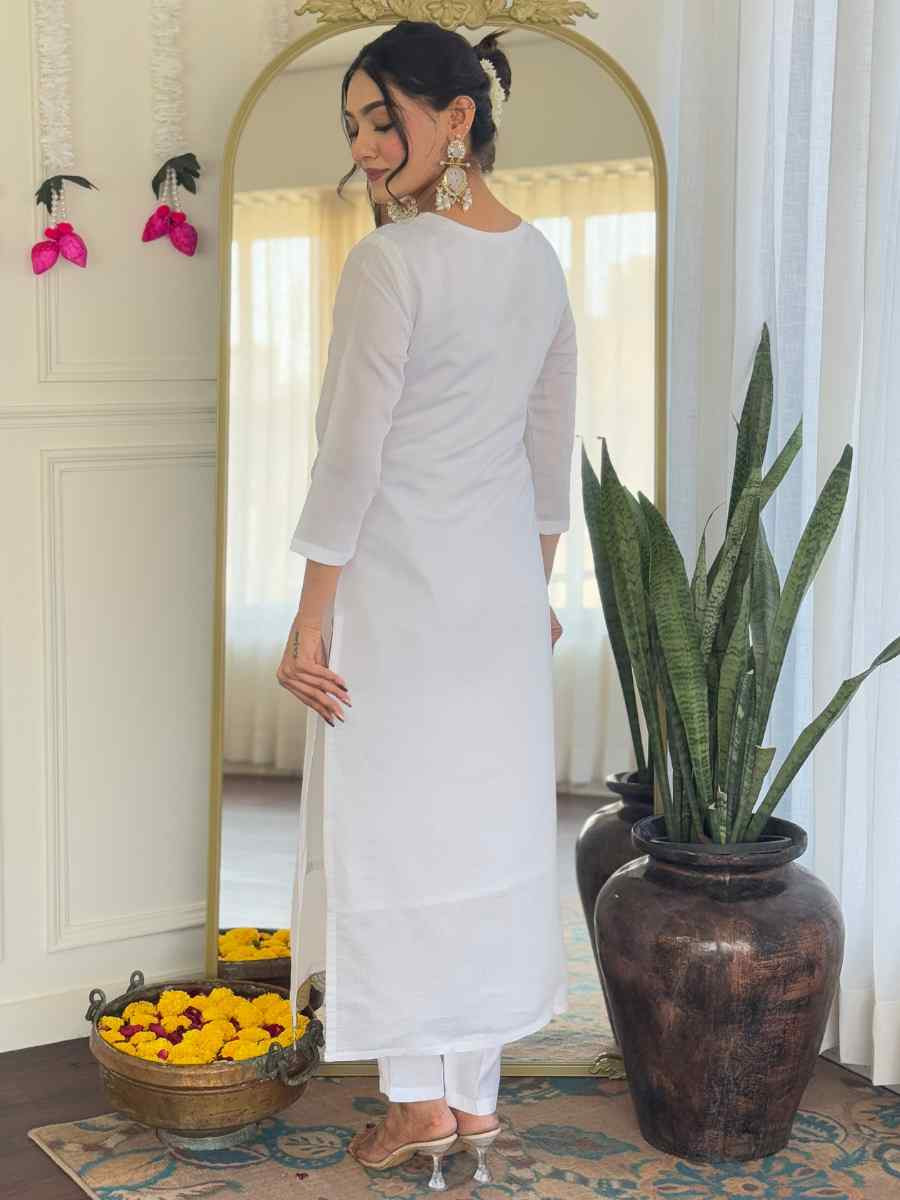 White Viscose Chanderi Embroidery Party Wedding Festival Casual Ready Pant Salwar Kameez