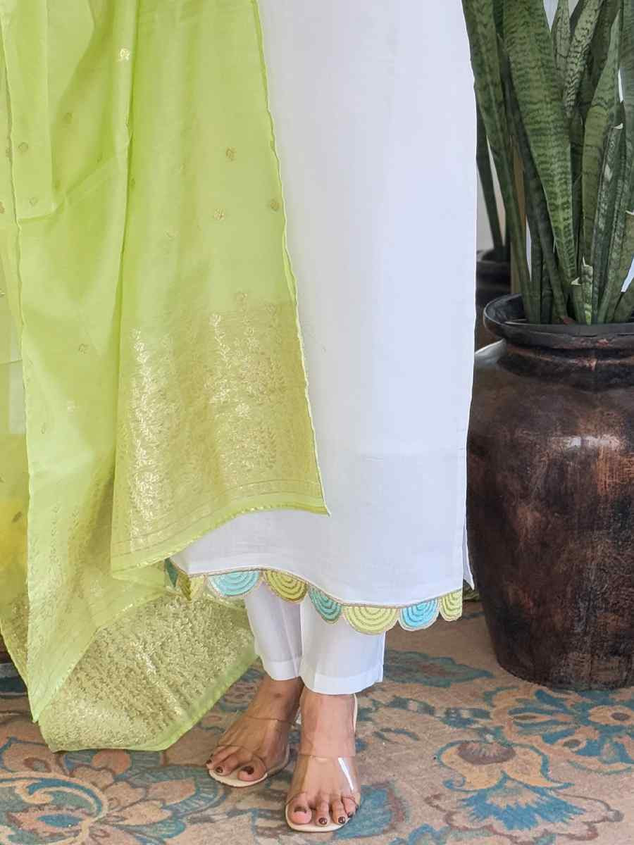 White Viscose Chanderi Embroidery Party Wedding Festival Casual Ready Pant Salwar Kameez