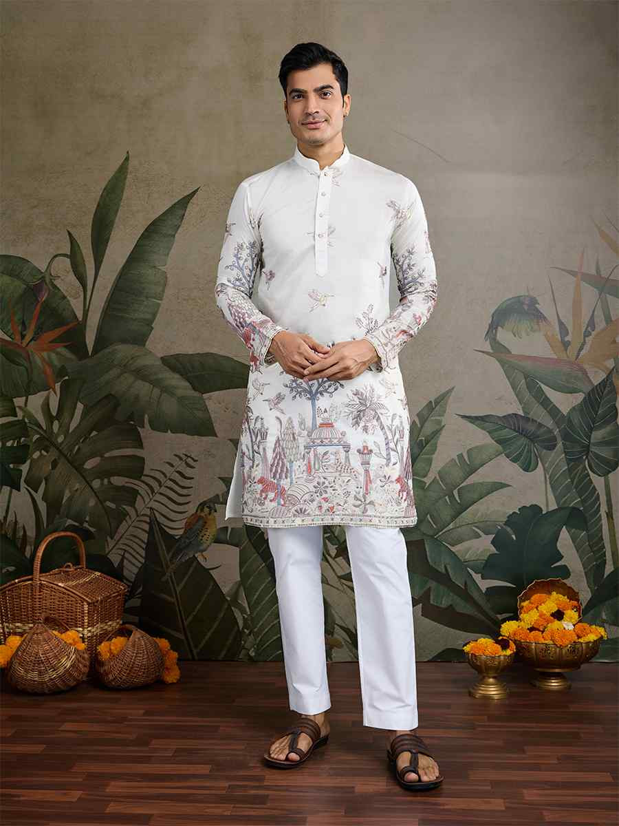 White Viscose Embroidered Festival Mehendi Kurta