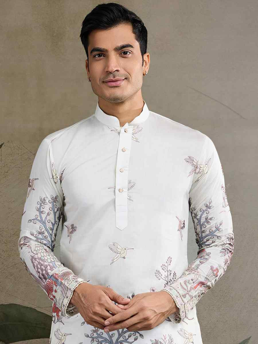 White Viscose Embroidered Festival Mehendi Kurta
