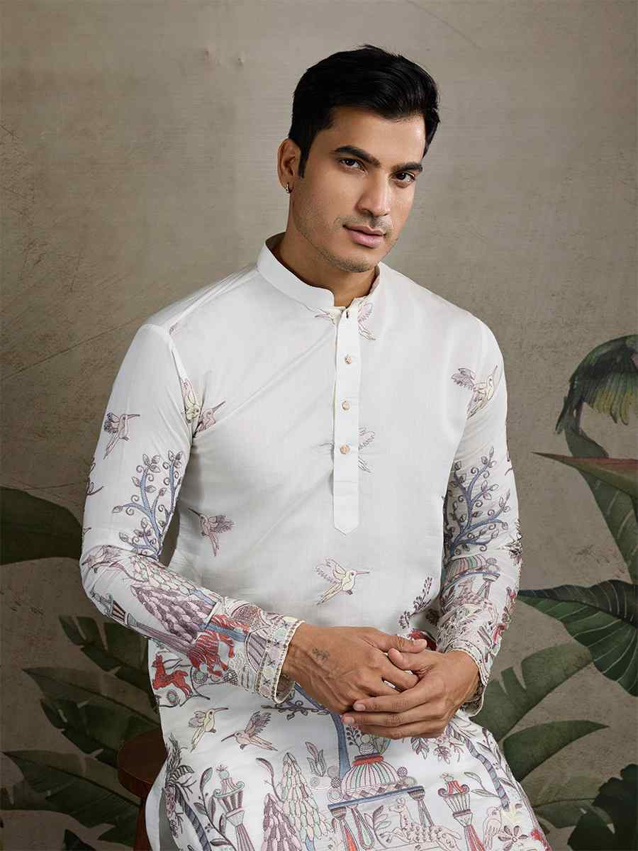 White Viscose Embroidered Festival Mehendi Kurta