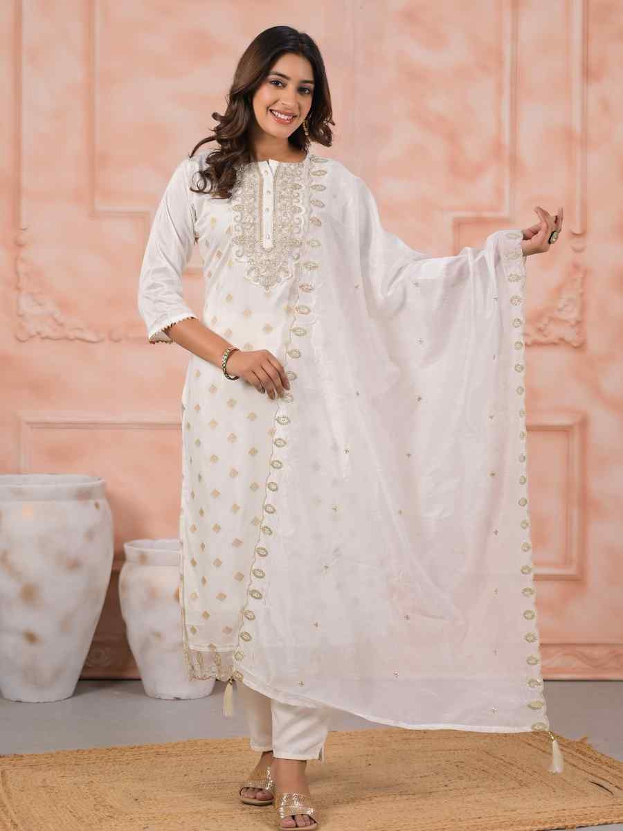 White Viscose Embroidered Party Casual Ready Pant Salwar Kameez