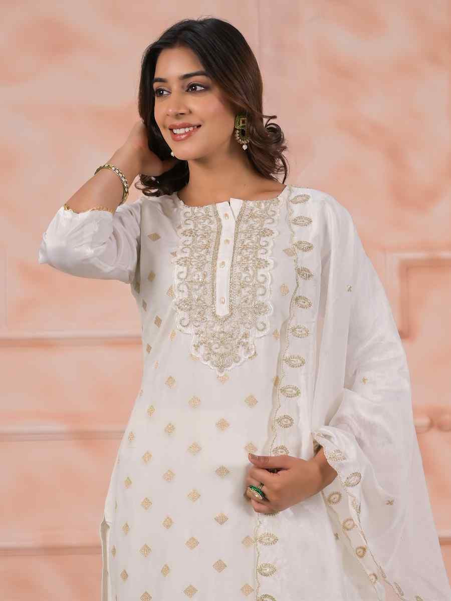 White Viscose Embroidered Party Casual Ready Pant Salwar Kameez