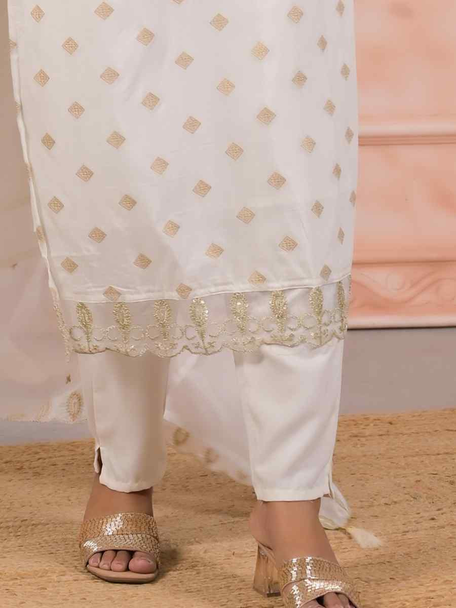 White Viscose Embroidered Party Casual Ready Pant Salwar Kameez
