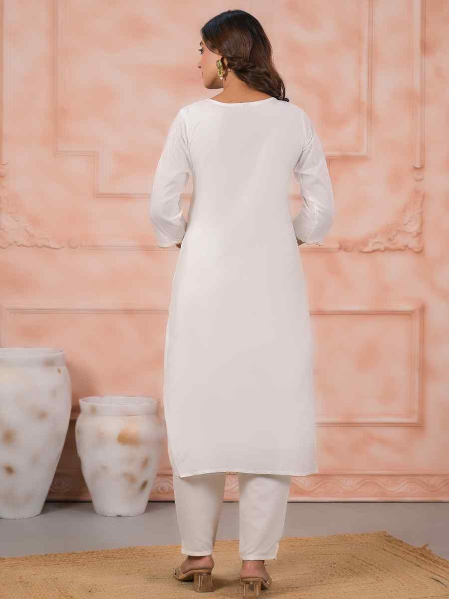 White Viscose Embroidered Party Casual Ready Pant Salwar Kameez
