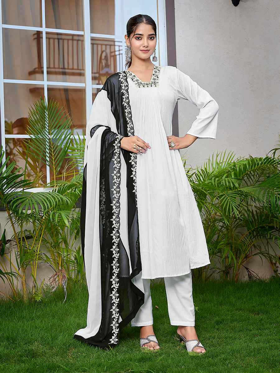 White Viscose Embroidered Party Wedding Ready Pant Salwar Kameez