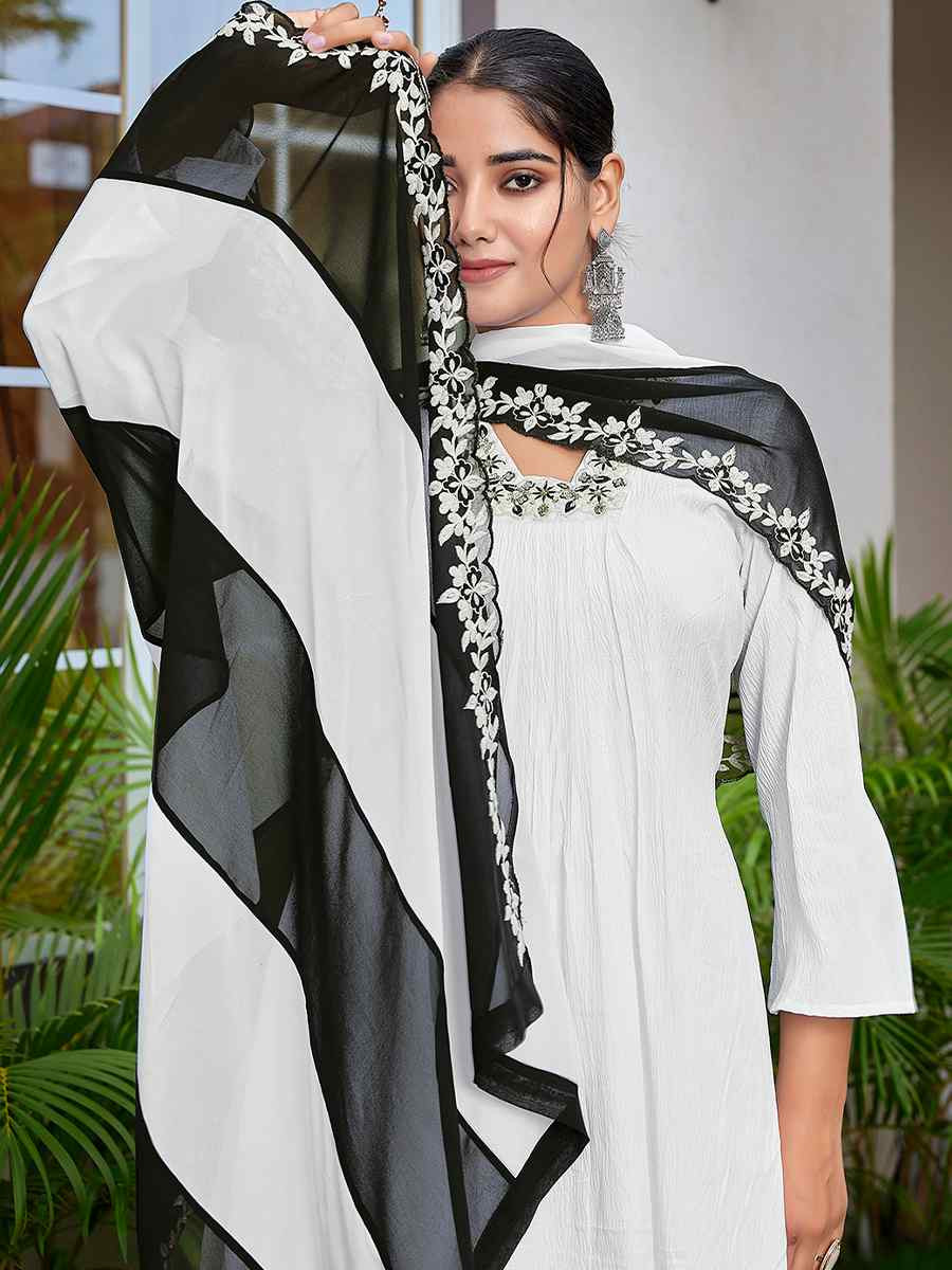 White Viscose Embroidered Party Wedding Ready Pant Salwar Kameez