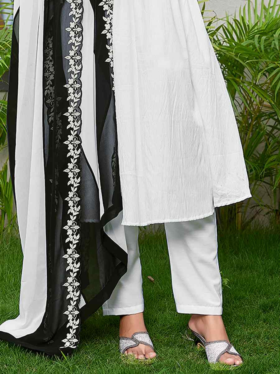 White Viscose Embroidered Party Wedding Ready Pant Salwar Kameez
