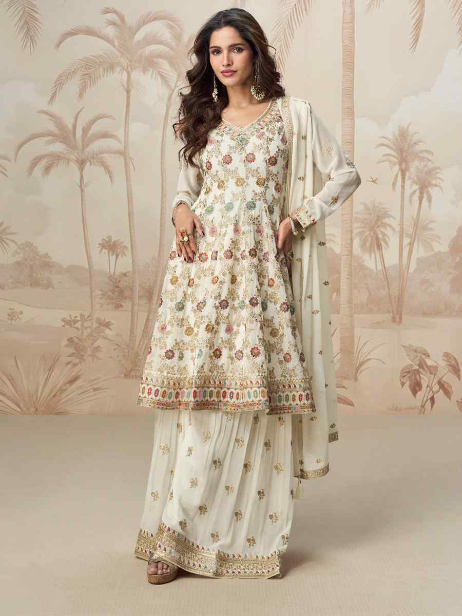 White Viscose Jacquard Embroidered Festival Casual Ready Palazzo Pant Salwar Kameez
