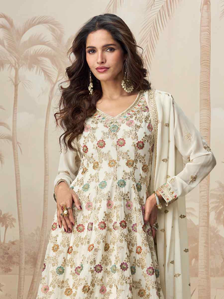 White Viscose Jacquard Embroidered Festival Casual Ready Palazzo Pant Salwar Kameez