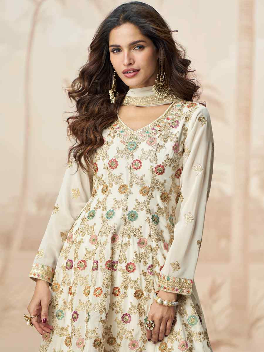 White Viscose Jacquard Embroidered Festival Casual Ready Palazzo Pant Salwar Kameez