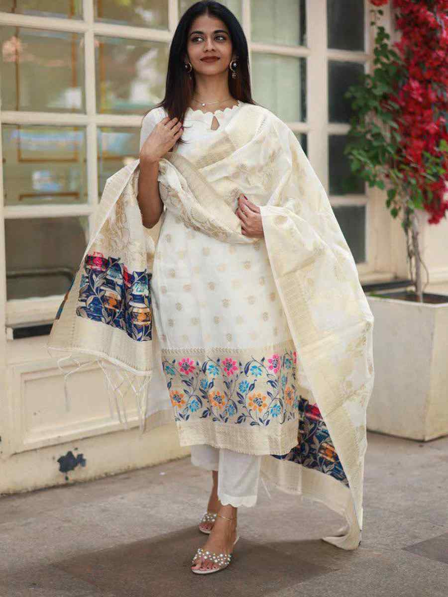 White Viscose Jacquard Embroidered Festival Wedding Pant Salwar Kameez