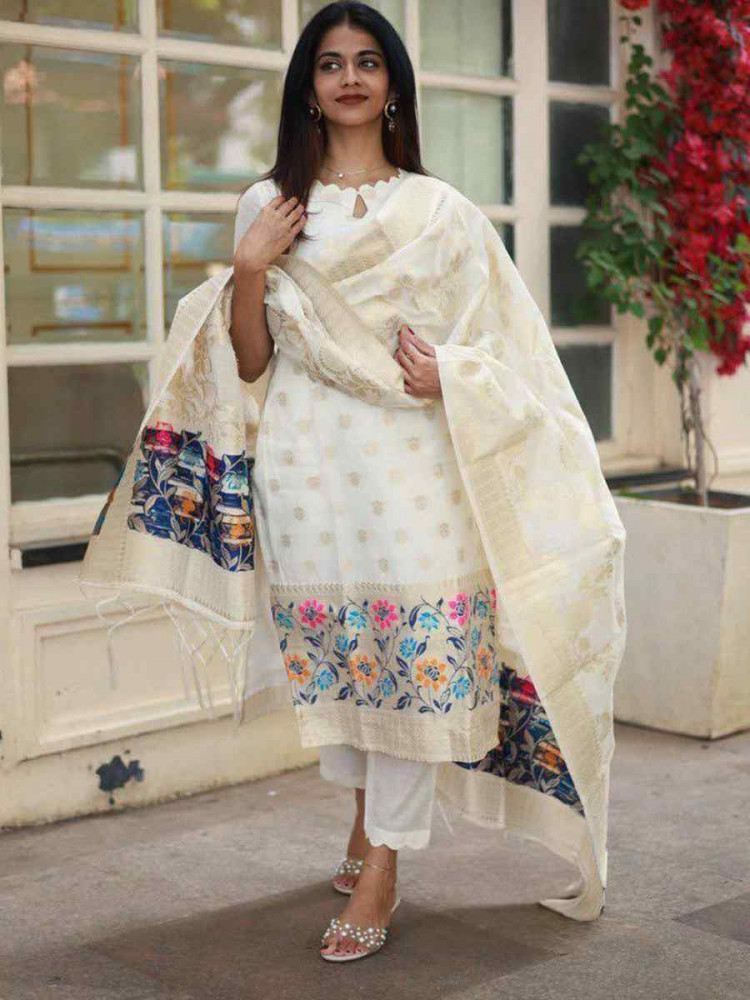 Image of White Viscose Jacquard Embroidered Festival Wedding Pant Salwar Kameez