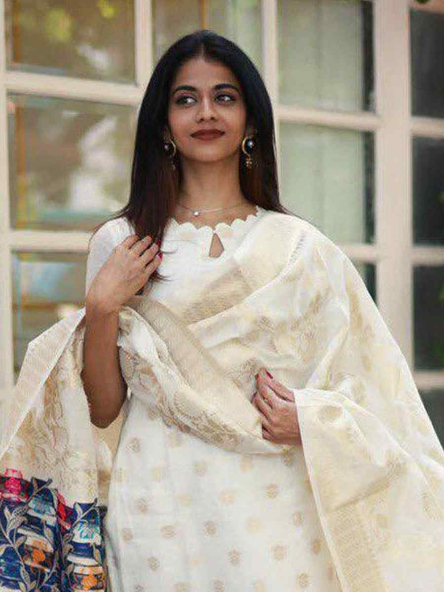 White Viscose Jacquard Embroidered Festival Wedding Pant Salwar Kameez