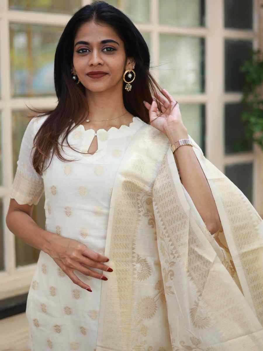 White Viscose Jacquard Embroidered Festival Wedding Pant Salwar Kameez