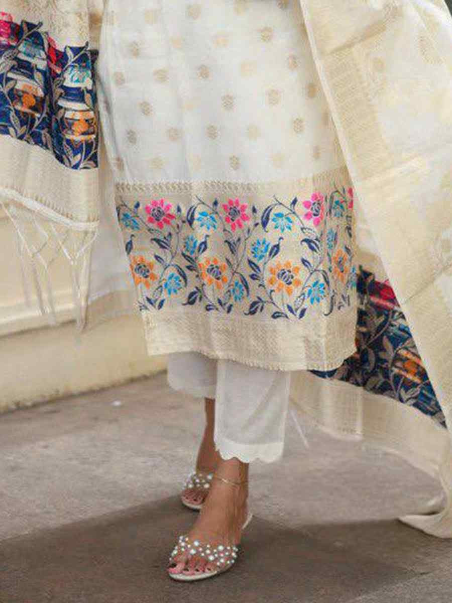 White Viscose Jacquard Embroidered Festival Wedding Pant Salwar Kameez