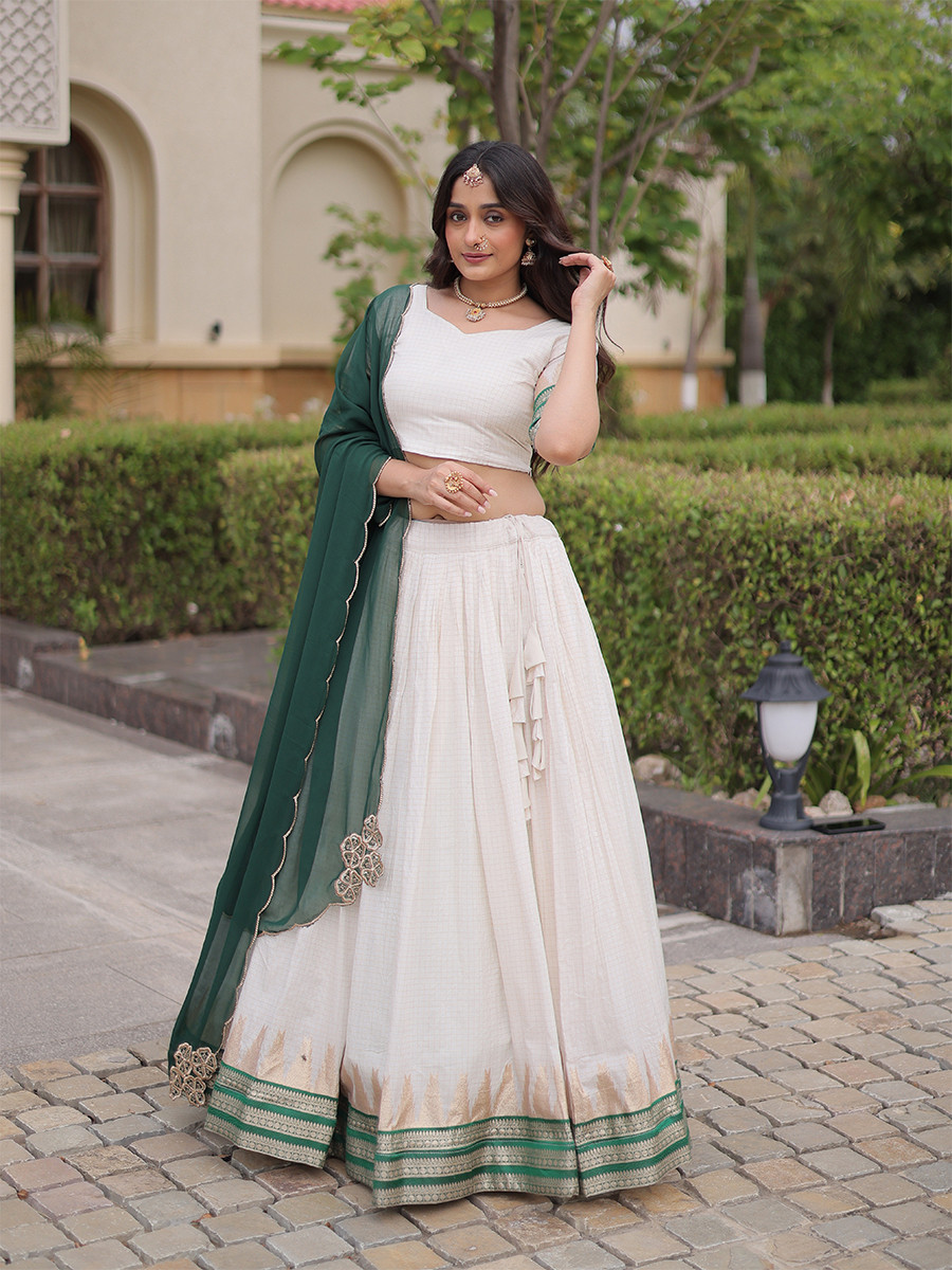 White Viscose Jacquard Zari Weaving Wedding Reception Party Wear Festival Heavy Border Lehenga Choli