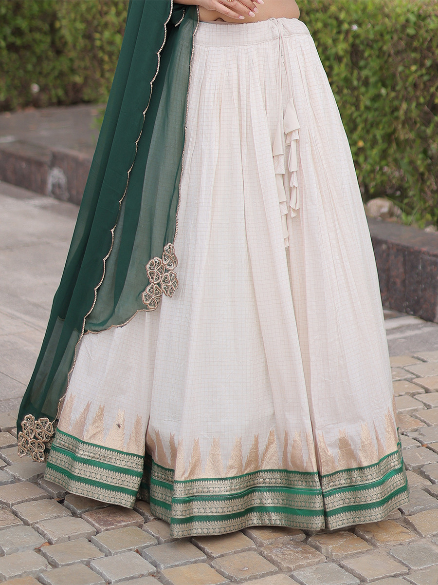 White Viscose Jacquard Zari Weaving Wedding Reception Party Wear Festival Heavy Border Lehenga Choli