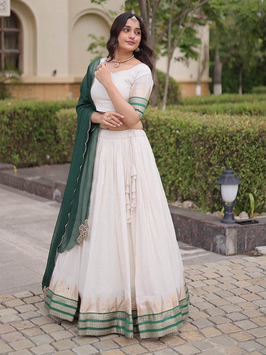 White Viscose Jacquard Zari Weaving Wedding Reception Party Wear Festival Heavy Border Lehenga Choli