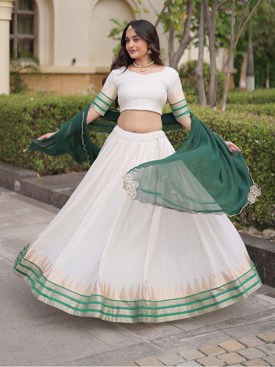 White Viscose Jacquard Zari Weaving Wedding Reception Party Wear Festival Heavy Border Lehenga Choli