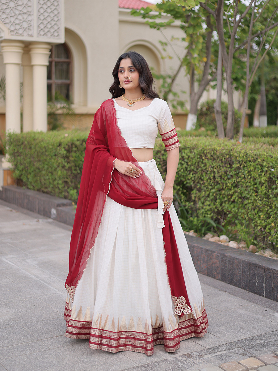 White Viscose Jacquard Zari Weaving Wedding Reception Party Wear Festival Heavy Border Lehenga Choli