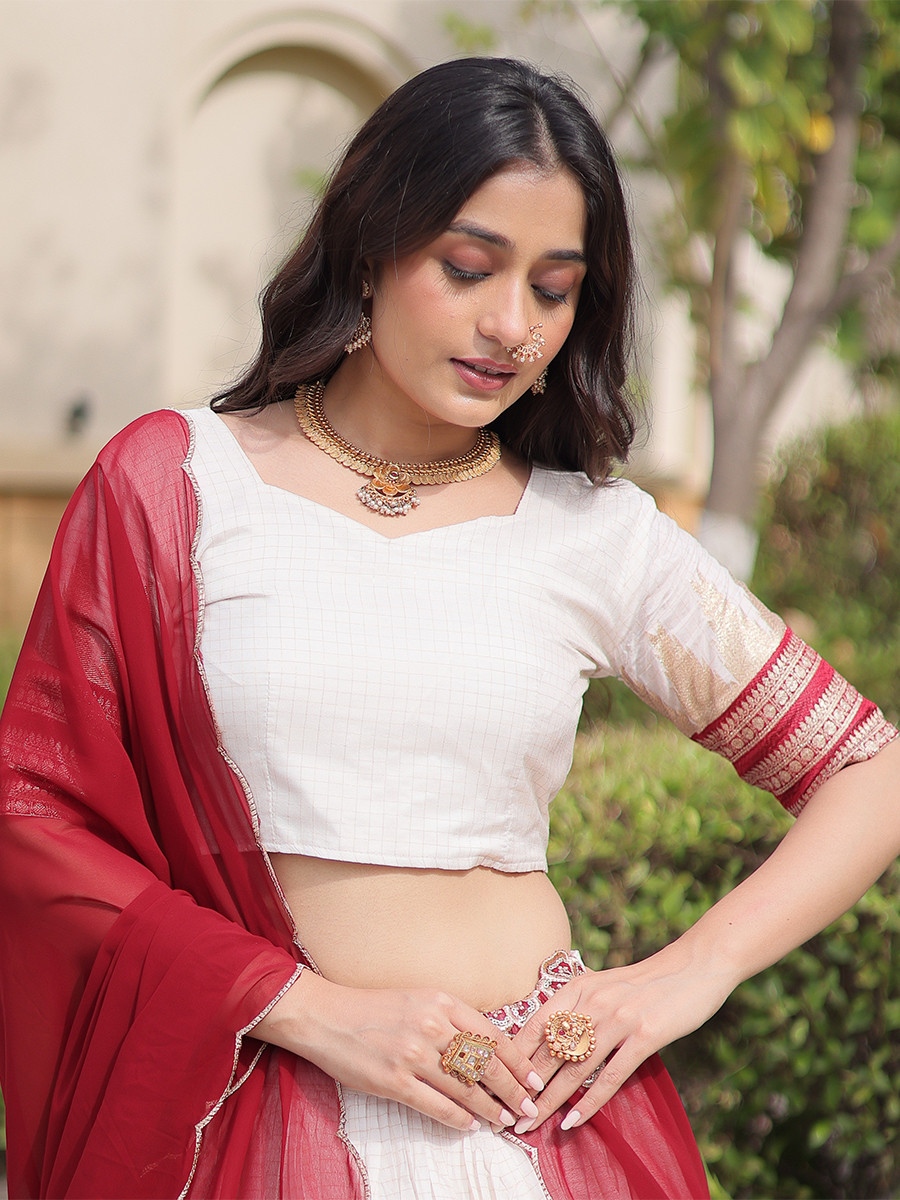White Viscose Jacquard Zari Weaving Wedding Reception Party Wear Festival Heavy Border Lehenga Choli