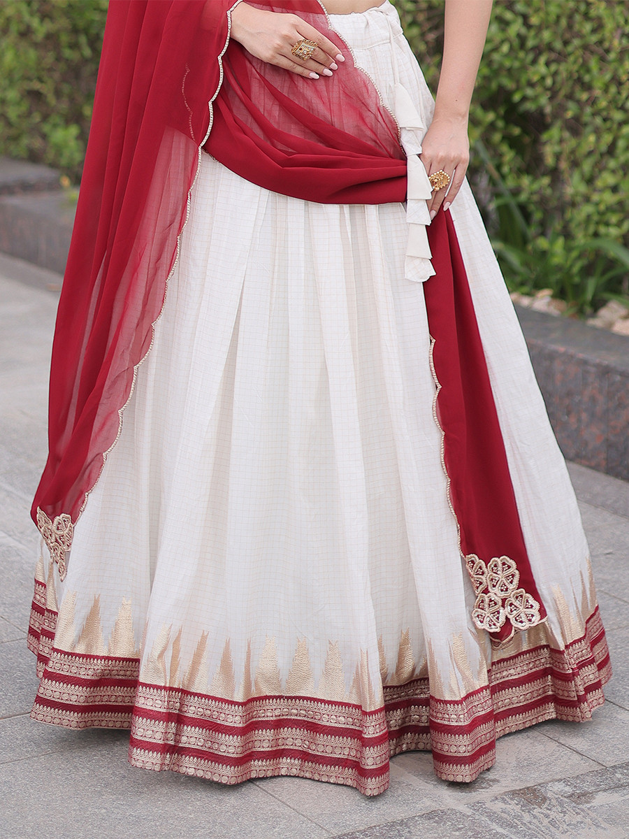 White Viscose Jacquard Zari Weaving Wedding Reception Party Wear Festival Heavy Border Lehenga Choli