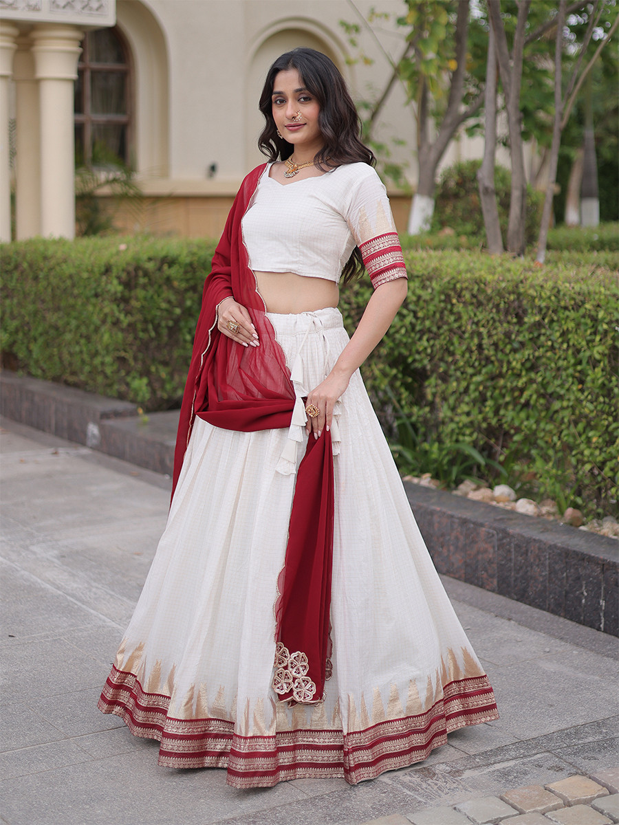 White Viscose Jacquard Zari Weaving Wedding Reception Party Wear Festival Heavy Border Lehenga Choli