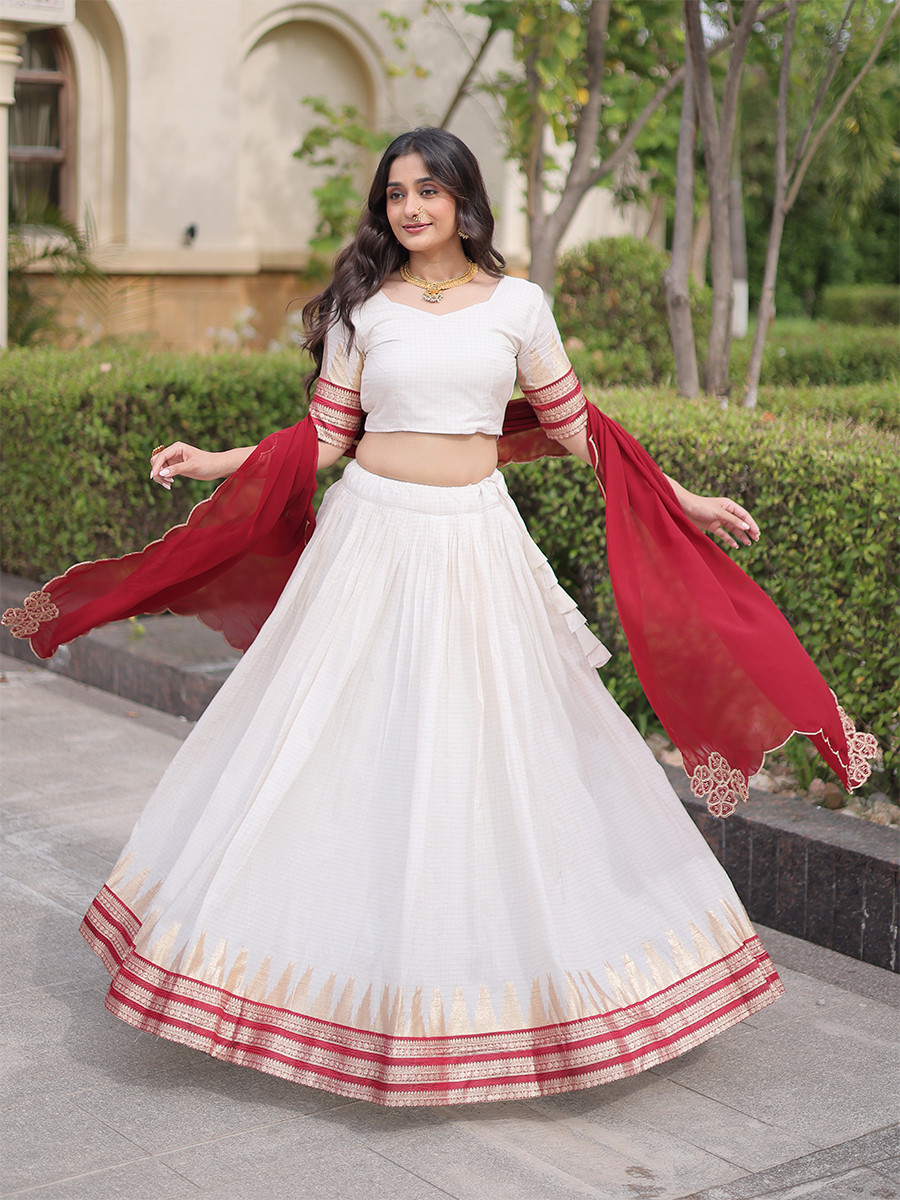 White Viscose Jacquard Zari Weaving Wedding Reception Party Wear Festival Heavy Border Lehenga Choli