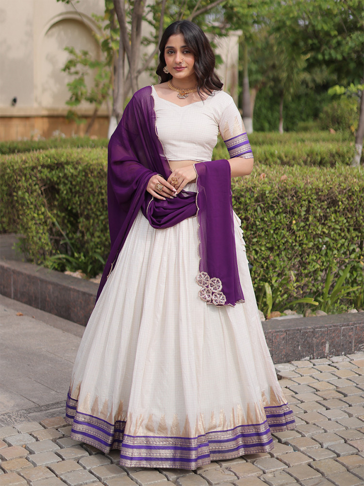 Image of White Viscose Jacquard Zari Weaving Wedding Reception Party Wear Festival Heavy Border Lehenga Choli