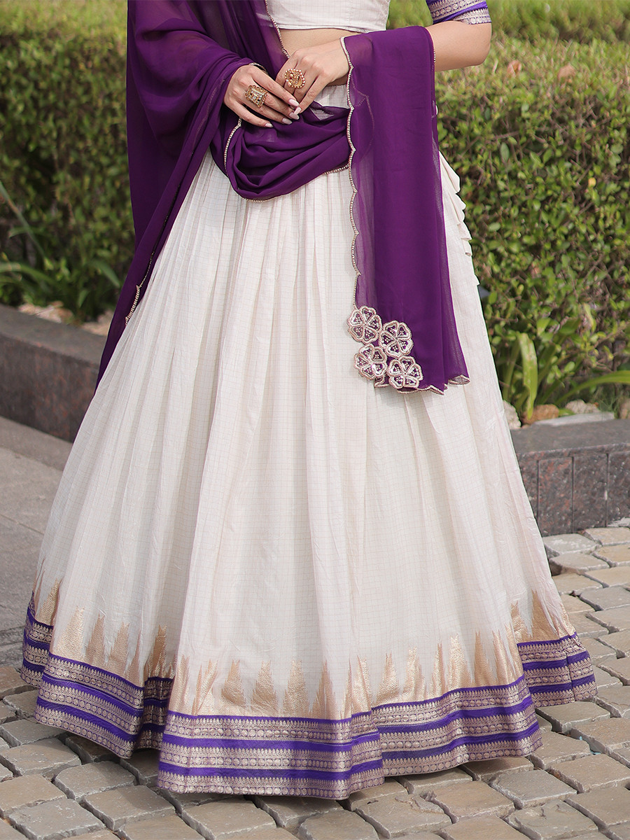 White Viscose Jacquard Zari Weaving Wedding Reception Party Wear Festival Heavy Border Lehenga Choli
