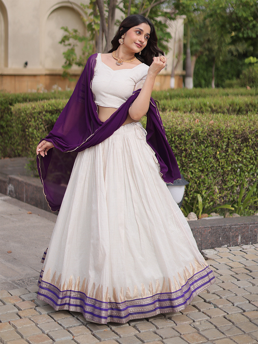 White Viscose Jacquard Zari Weaving Wedding Reception Party Wear Festival Heavy Border Lehenga Choli