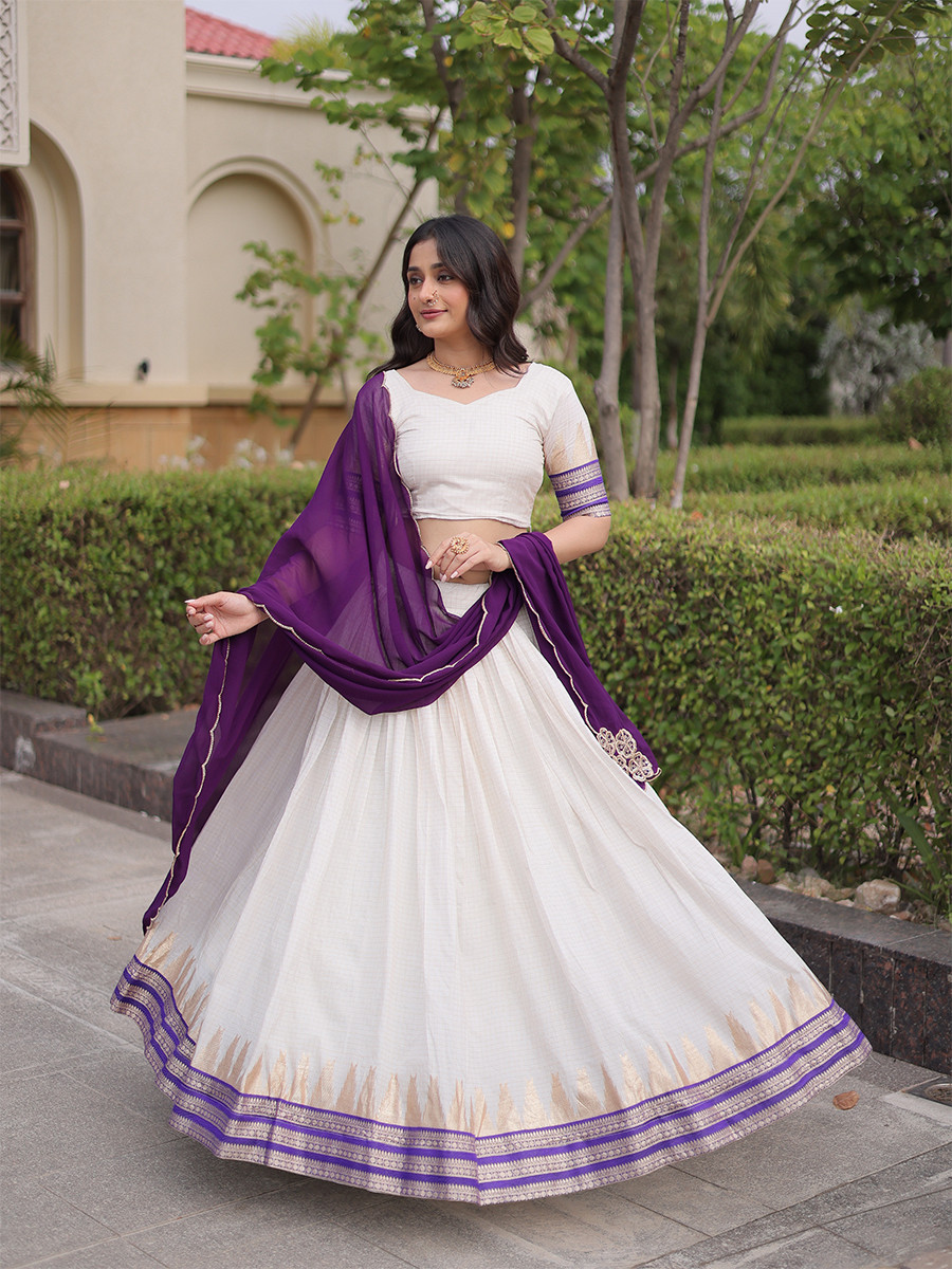 White Viscose Jacquard Zari Weaving Wedding Reception Party Wear Festival Heavy Border Lehenga Choli