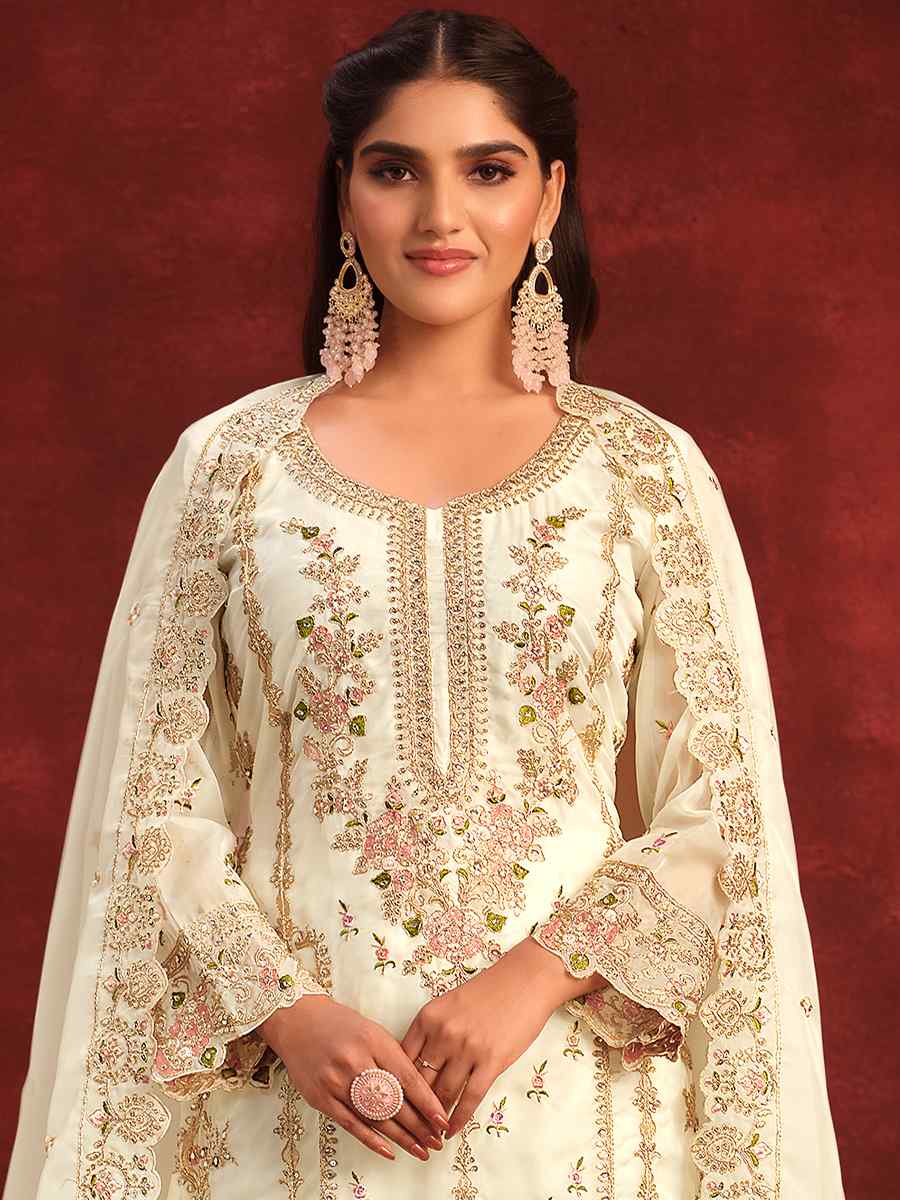 White Viscose Organza Embroidered Festival Wedding Pant Salwar Kameez