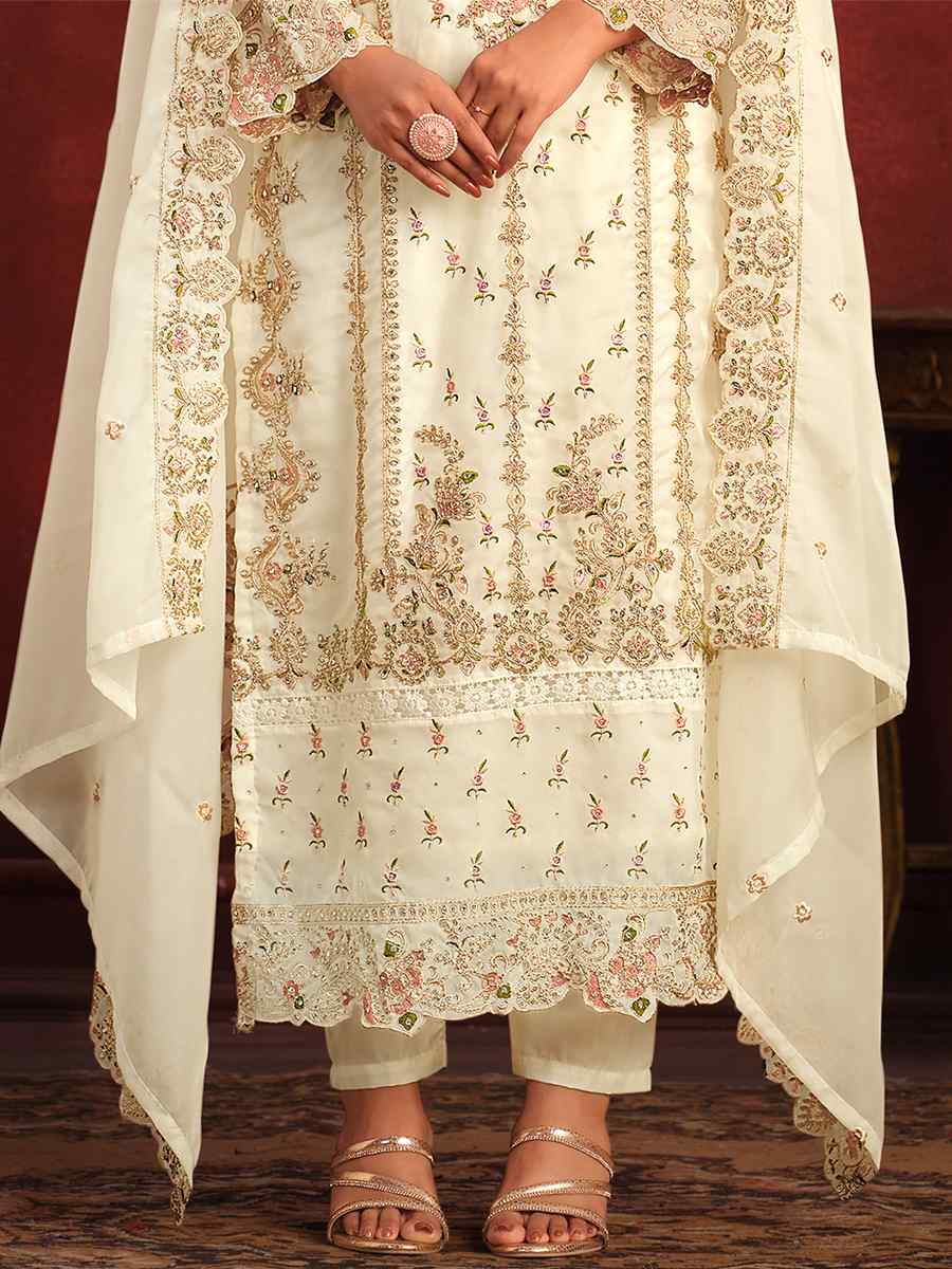 White Viscose Organza Embroidered Festival Wedding Pant Salwar Kameez