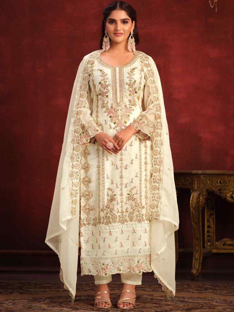 White Viscose Organza Embroidered Festival Wedding Pant Salwar Kameez