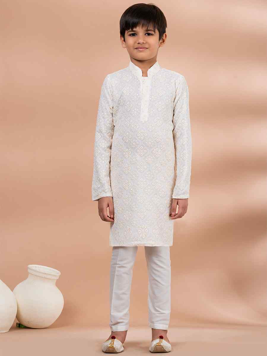 White Viscose Printed Festival Traditional Kurta Pyjama Boys Wear