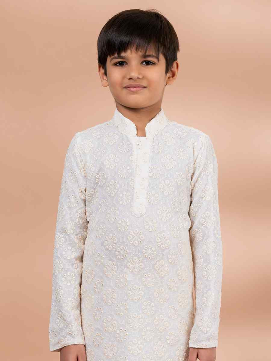 White Viscose Printed Festival Traditional Kurta Pyjama Boys Wear