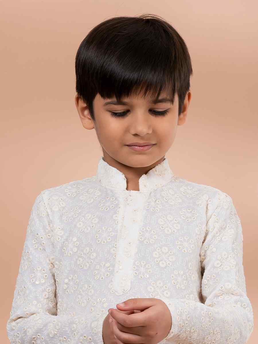 White Viscose Printed Festival Traditional Kurta Pyjama Boys Wear