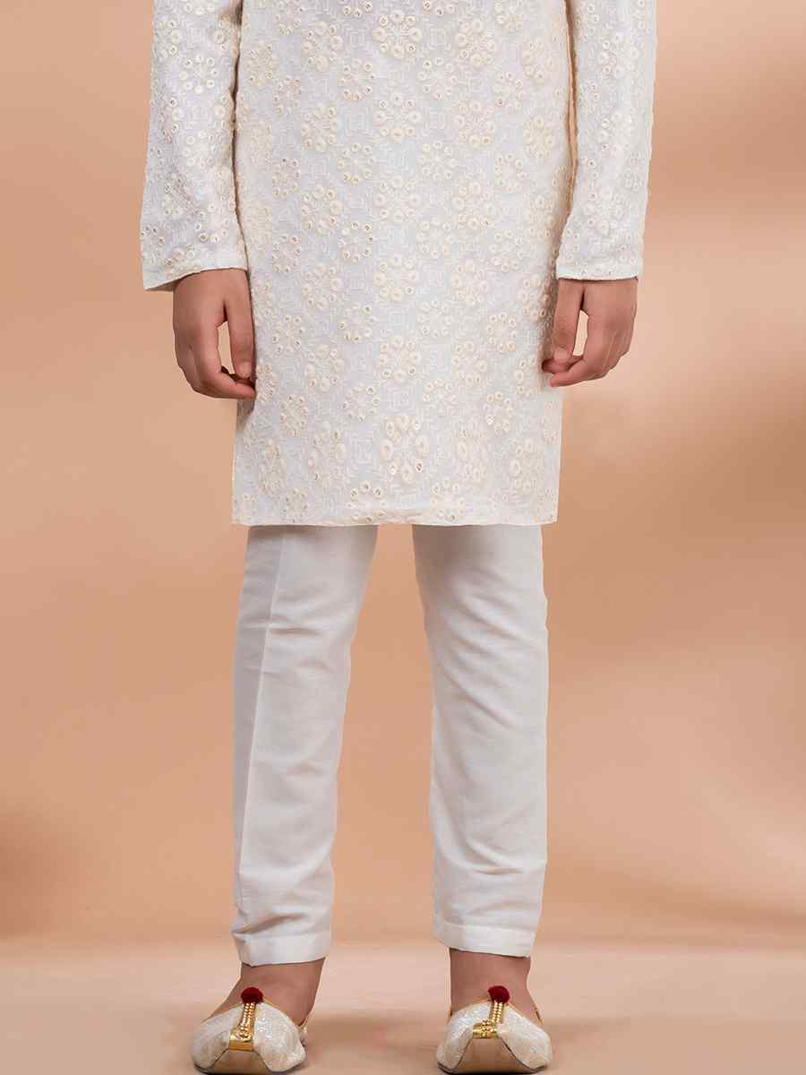 White Viscose Printed Festival Traditional Kurta Pyjama Boys Wear