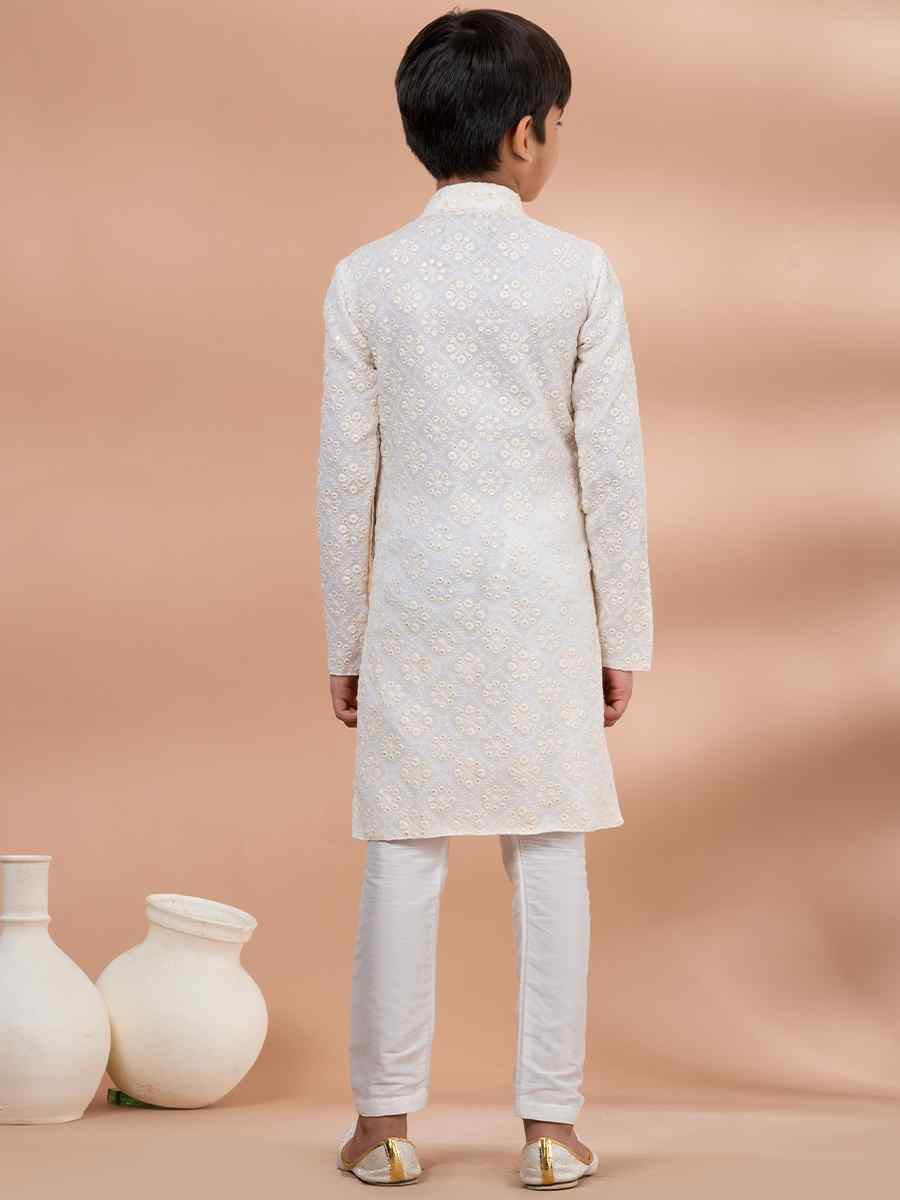 White Viscose Printed Festival Traditional Kurta Pyjama Boys Wear