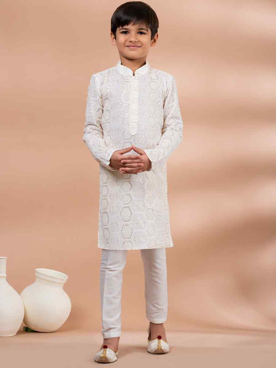 White Viscose Printed Festival Traditional Kurta Pyjama Boys Wear