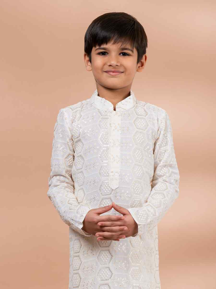 White Viscose Printed Festival Traditional Kurta Pyjama Boys Wear