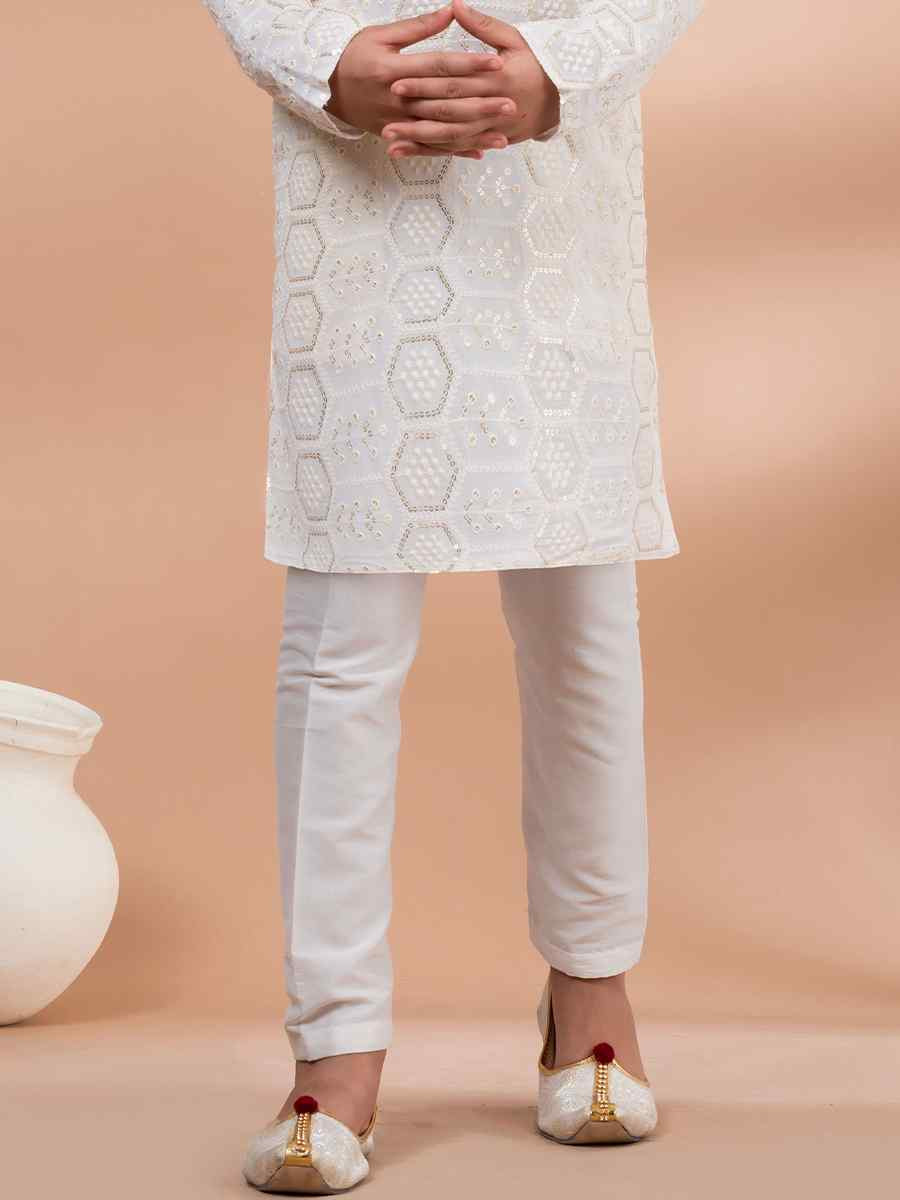 White Viscose Printed Festival Traditional Kurta Pyjama Boys Wear