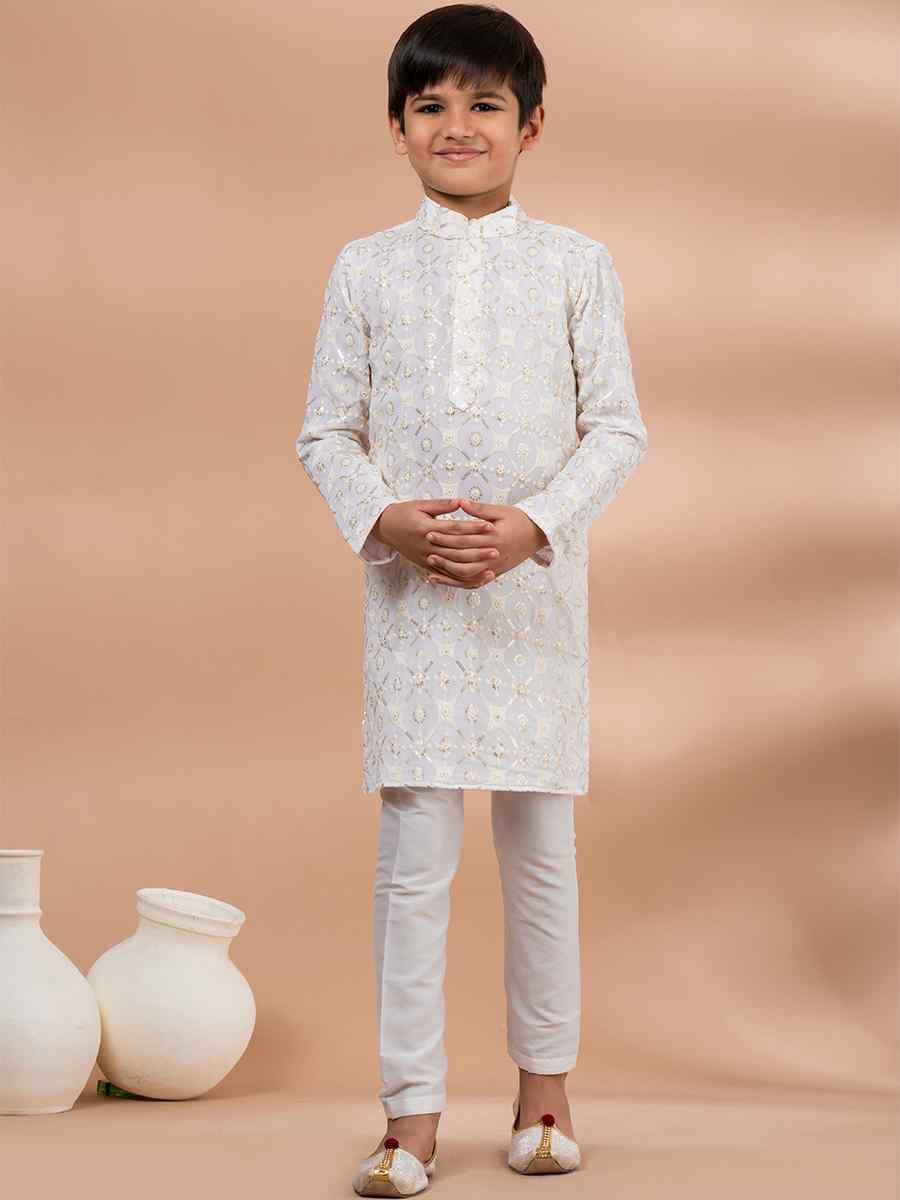 White Viscose Printed Festival Traditional Kurta Pyjama Boys Wear