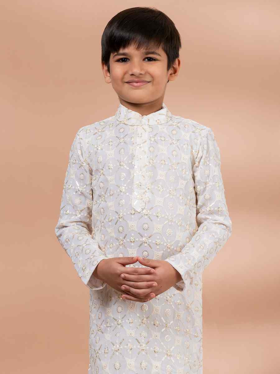 White Viscose Printed Festival Traditional Kurta Pyjama Boys Wear